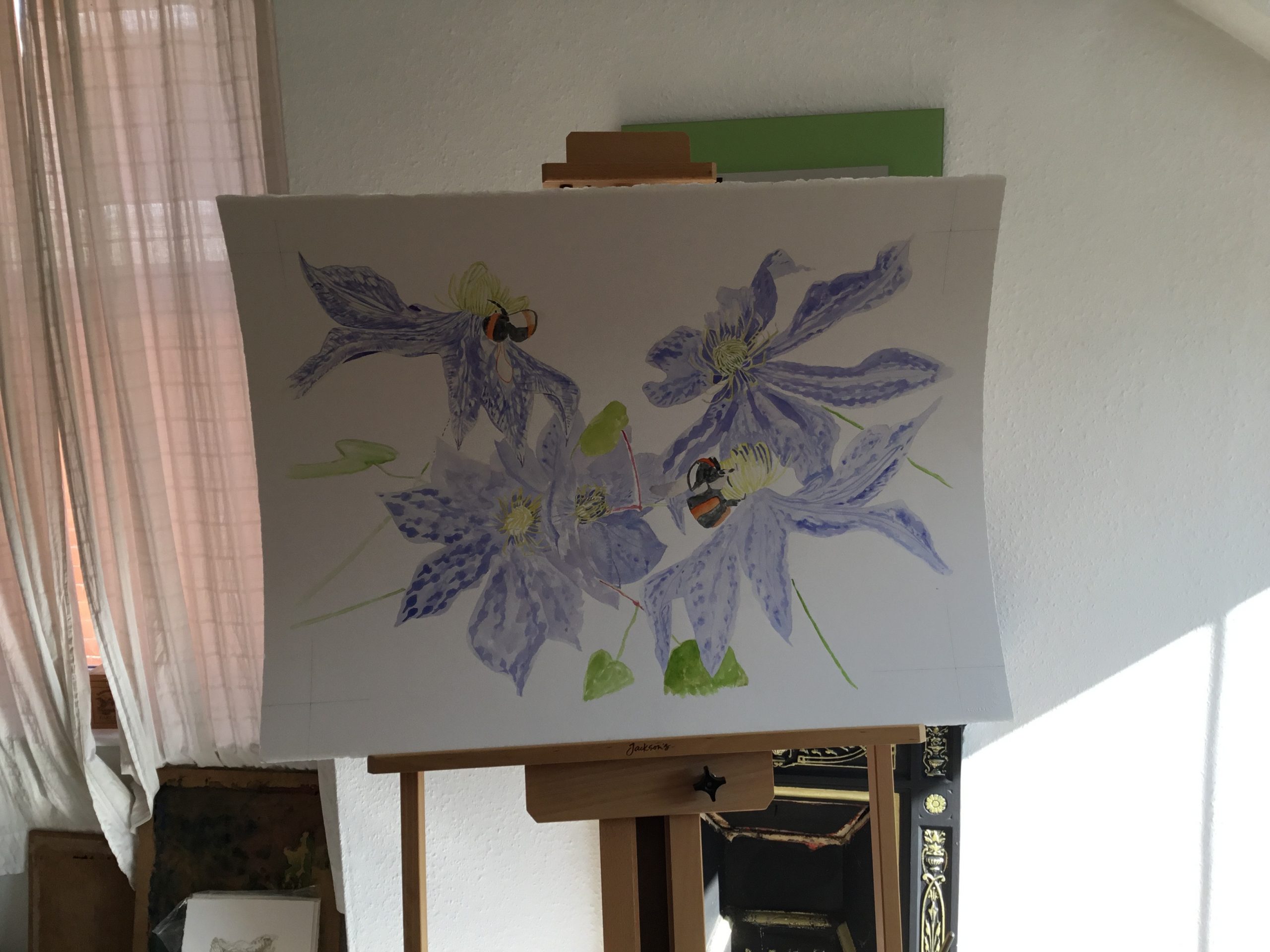 Pale Blue clematis With 2 Honeybees